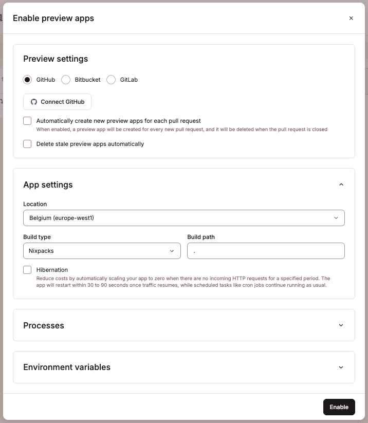 Preview app settings.